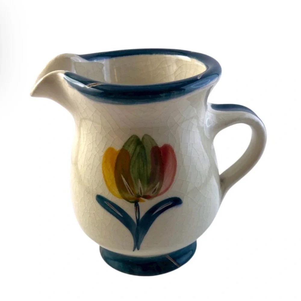 Vintage Danish Tulip Small Ceramic Pitcher Handpainted Signed Paul Blue Rim